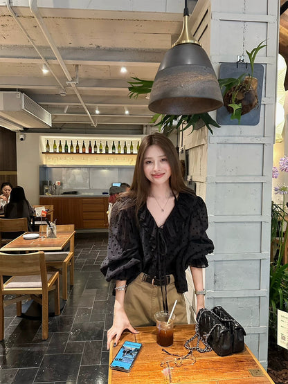 25Dec. 浪漫波卡氣質荷葉雪紡泡泡襯衫 黑