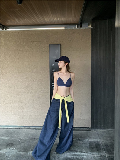 Jun. 清爽度假 辣妹肌理紋比基尼 高腰休閒褲 深藍色