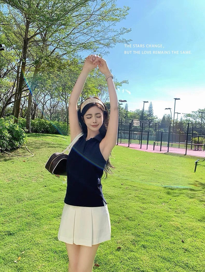 Jun. 大膽穿韓系學院polo領好版型無袖鈕扣背心 藍