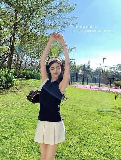 Jun. 大膽穿韓系學院polo領好版型無袖鈕扣背心 藍