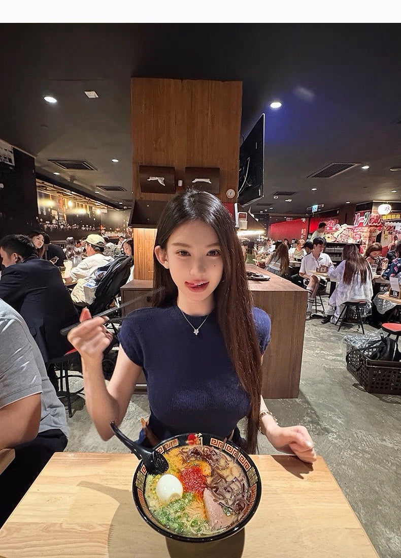 25Dec. 天菜女友嗲欲圓領直肩針織上衣（附手袖）藏藍