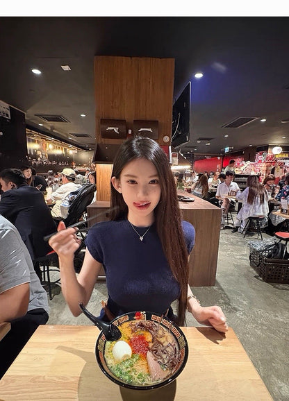 25Dec. 天菜女友嗲欲圓領直肩針織上衣（附手袖）藏藍