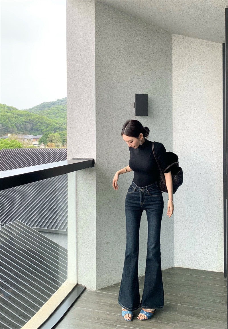 Jun. 穿不膩簡約高領五分袖彈力上衣 紅/黑 顯瘦喇叭褲