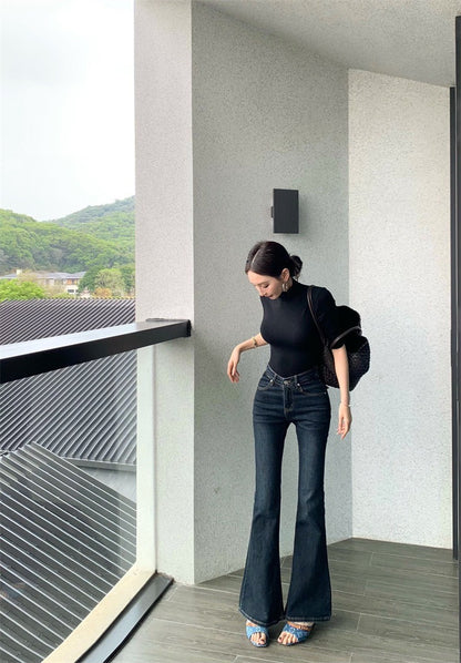 Jun. 穿不膩簡約高領五分袖彈力上衣 紅/黑 顯瘦喇叭褲