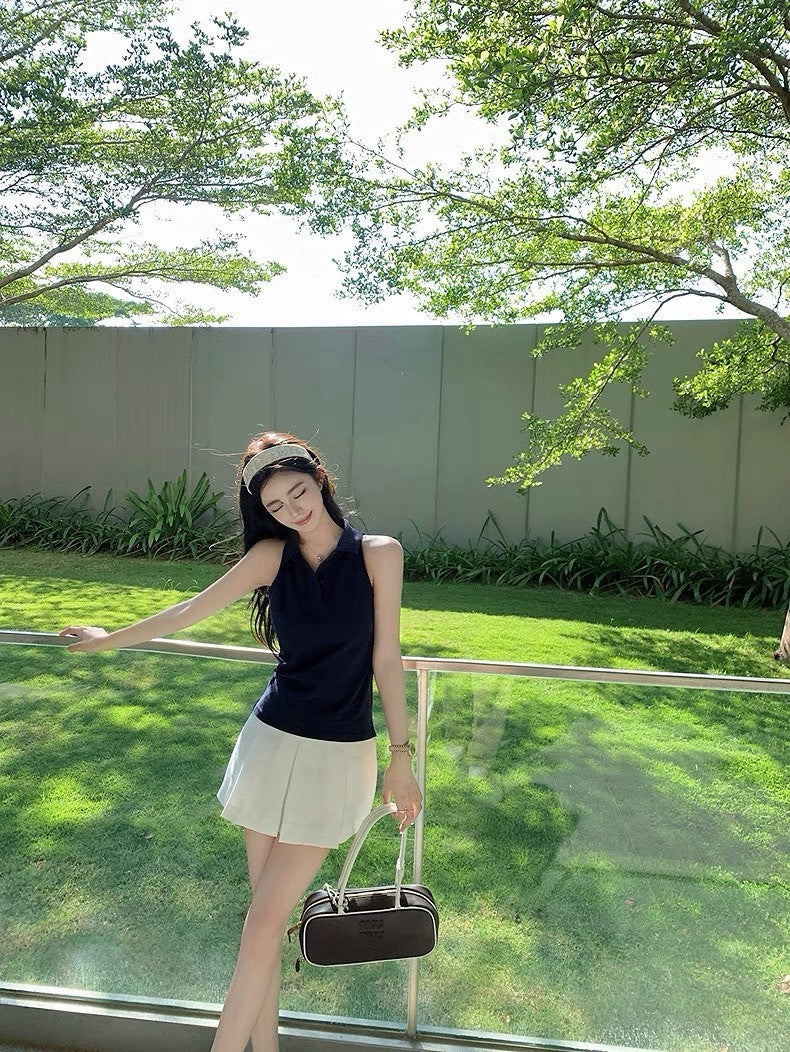 Jun. 大膽穿韓系學院polo領好版型無袖鈕扣背心 藍