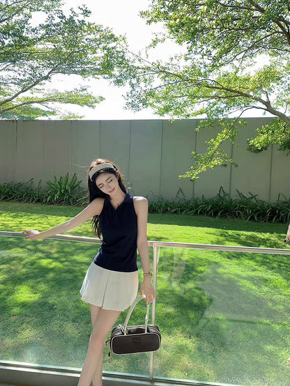 Jun. 大膽穿韓系學院polo領好版型無袖鈕扣背心 藍