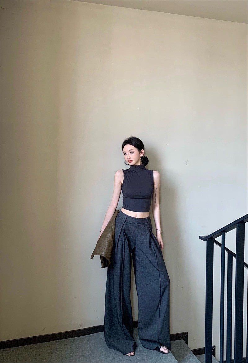 May. 個性簡約半高領純色背心 新款西裝休閒長褲 灰