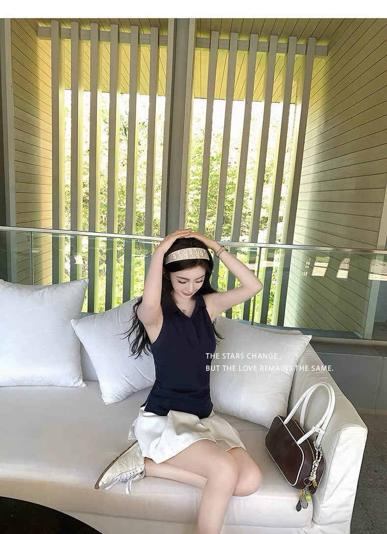 Jun. 大膽穿韓系學院polo領好版型無袖鈕扣背心 藍