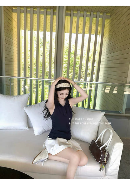 Jun. 大膽穿韓系學院polo領好版型無袖鈕扣背心 藍