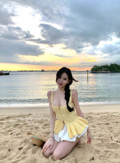 Jun. 休閒芭蕾 方領顯瘦收腰花瓣針織背心 黃