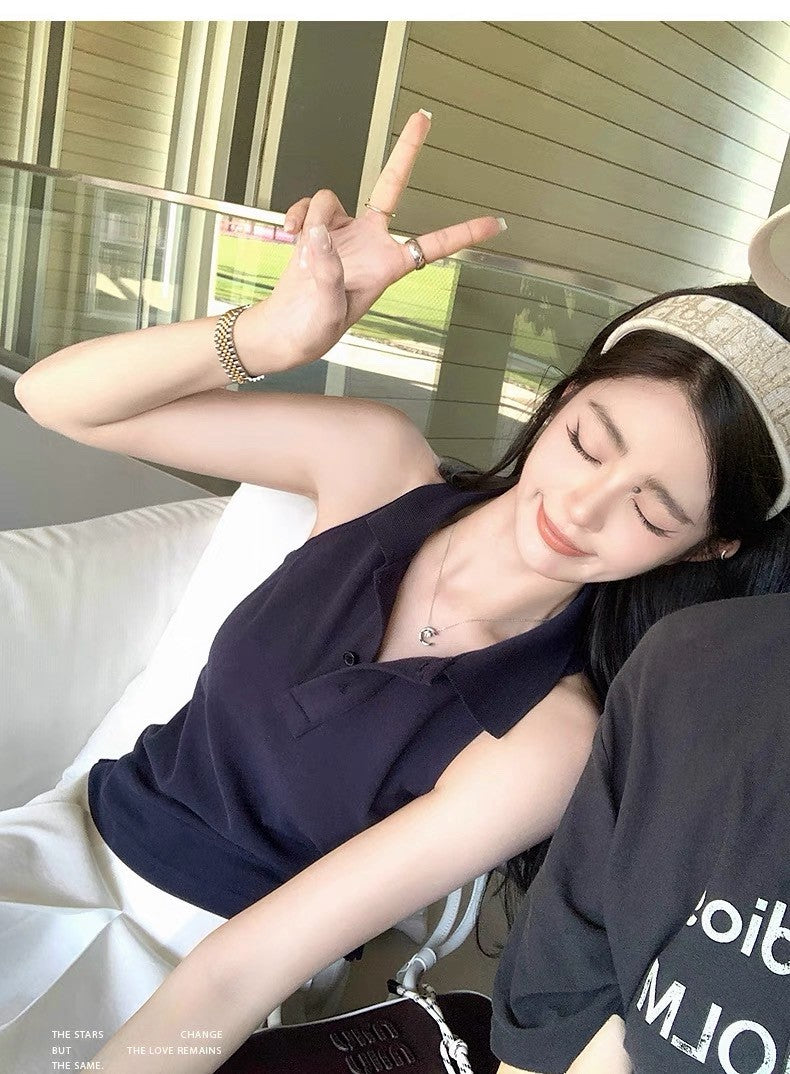 Jun. 大膽穿韓系學院polo領好版型無袖鈕扣背心 藍