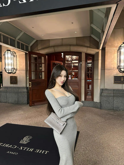26Jan. 巨性感曼妙身材百搭針織連身裙 卡/灰