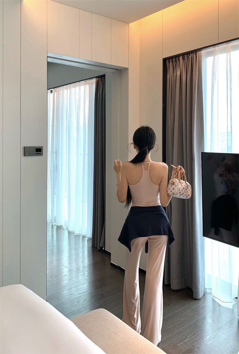 May. Lulu休閒垂垂 美式修身背心休閒褲套裝 白/粉