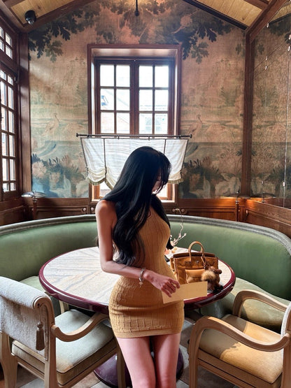 25Aug. 高級貴婦仿鱷魚皮紋工字背心/連身裙 咖