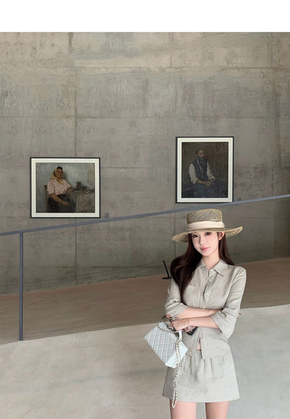 25Aug. 亞麻物語簡約七分袖襯衫低腰褲裙套裝 亞麻色