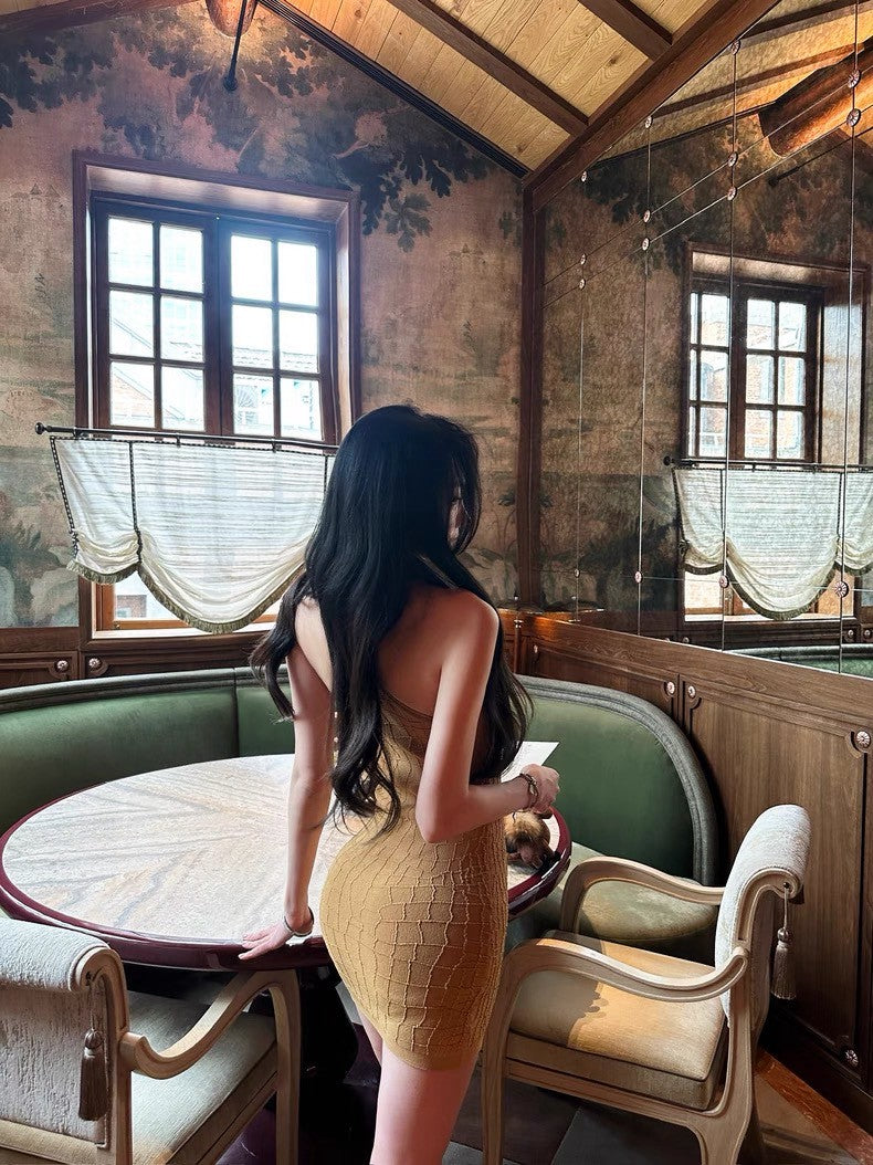 25Aug. 高級貴婦仿鱷魚皮紋工字背心/連身裙 咖