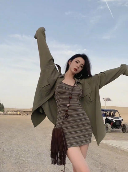 25Oct. 沙漠橄欖 復古條紋背心包臀裙/美式寬鬆襯衫