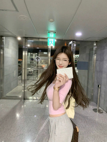 25Aug. 嫩模休閒芭蕾5分袖純色上衣 粉/黃