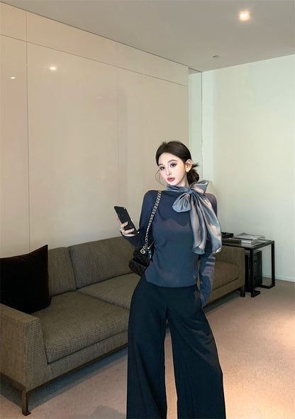 Feb. 內搭高手 綁帶蝴蝶領純色長袖上衣 灰