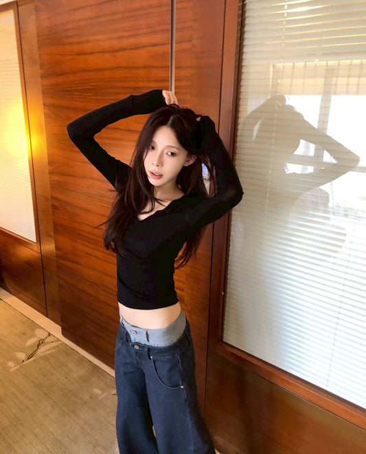 25Dec. 簡約雙色拼接褲頭中腰直筒褲