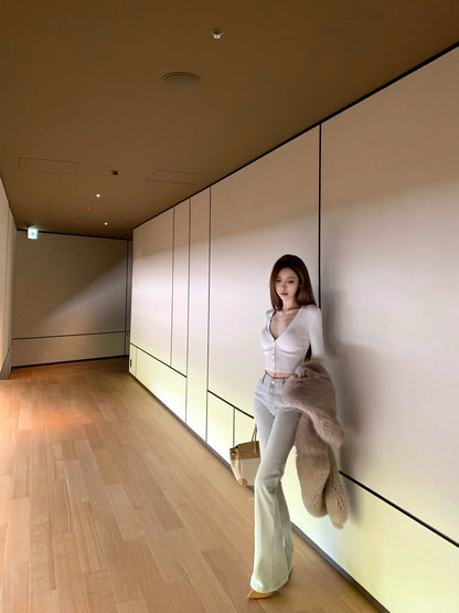 26Jan. 灰藍特殊定染修身高腰喇叭褲