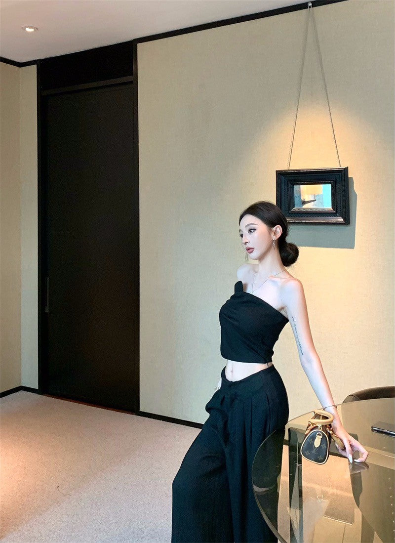 Jun. Origin 自然老錢 不規則抹胸高腰闊腿褲套裝 黑