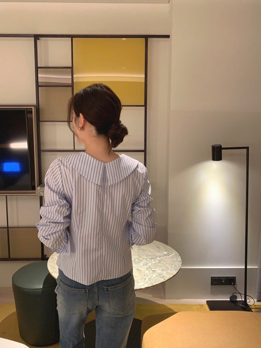 Oct. 復古chic 職場通勤百搭翻領水滴扣修身襯衫 藍