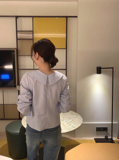 Oct. 復古chic 職場通勤百搭翻領水滴扣修身襯衫 藍