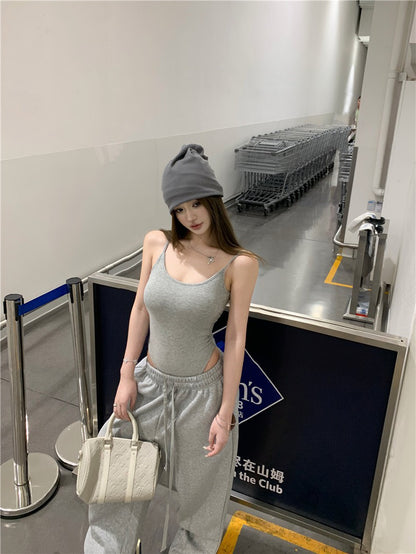 Jun. 歐美辣妹top高腰連體背心 鬆緊休閒褲 灰