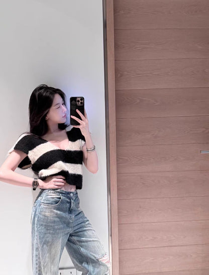 May. megscar*海軍條紋v領短款針織上衣