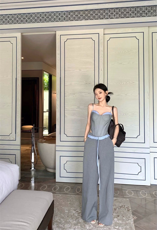 Apr. 復古鹽系 魚骨馬甲吊帶抹胸 拼色休閒褲 灰