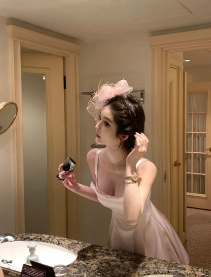 Mar. 曼妙天鵝 法式氣質蝴蝶結收腰連身裙 粉