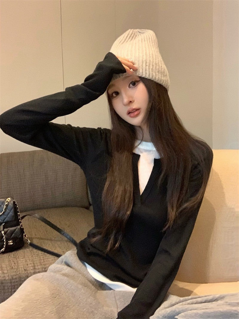 Feb. 中性美 慵懶休閒假兩件式拼色圓領上衣 黑/卡