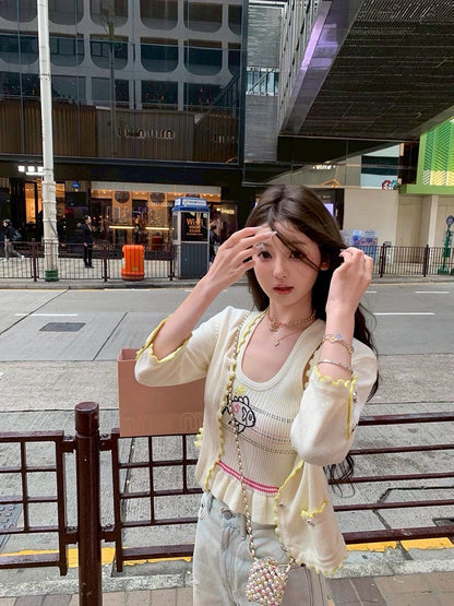 Jun. 童趣魚兒刺繡 收腰花瓣針織背心 杏