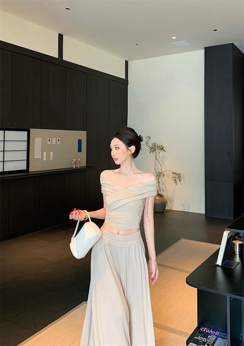 25Sep. 中古氣質交叉設計上衣棉料半身裙套裝 杏