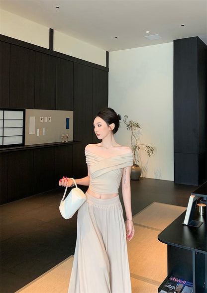 25Sep. 中古氣質交叉設計上衣棉料半身裙套裝 杏