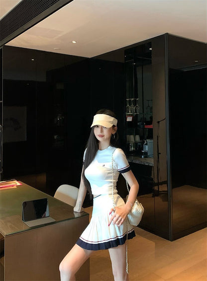 25Nov. 玩美女孩撞色修身網球針織套裝