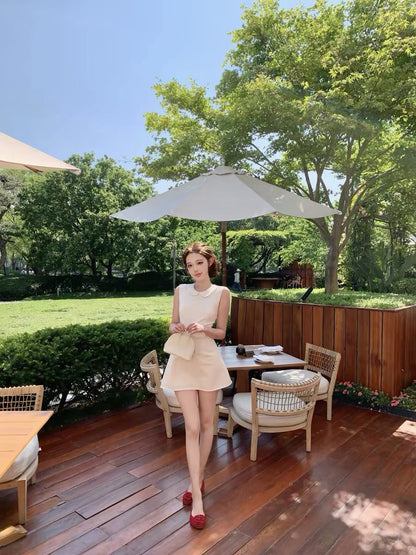 26Jul. 溫沙小姐TR斜紋收腰娃娃領背心裙 杏/藍