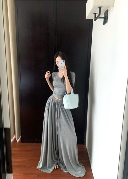 Jun. 溫柔小姊姊U領顯瘦鬆緊垂墜休閒褲套裝 灰