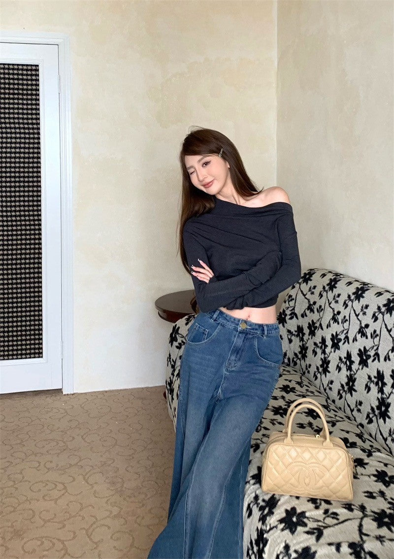 Mar. 休閒高智系 斜肩彈力修身短款長袖上衣 灰色