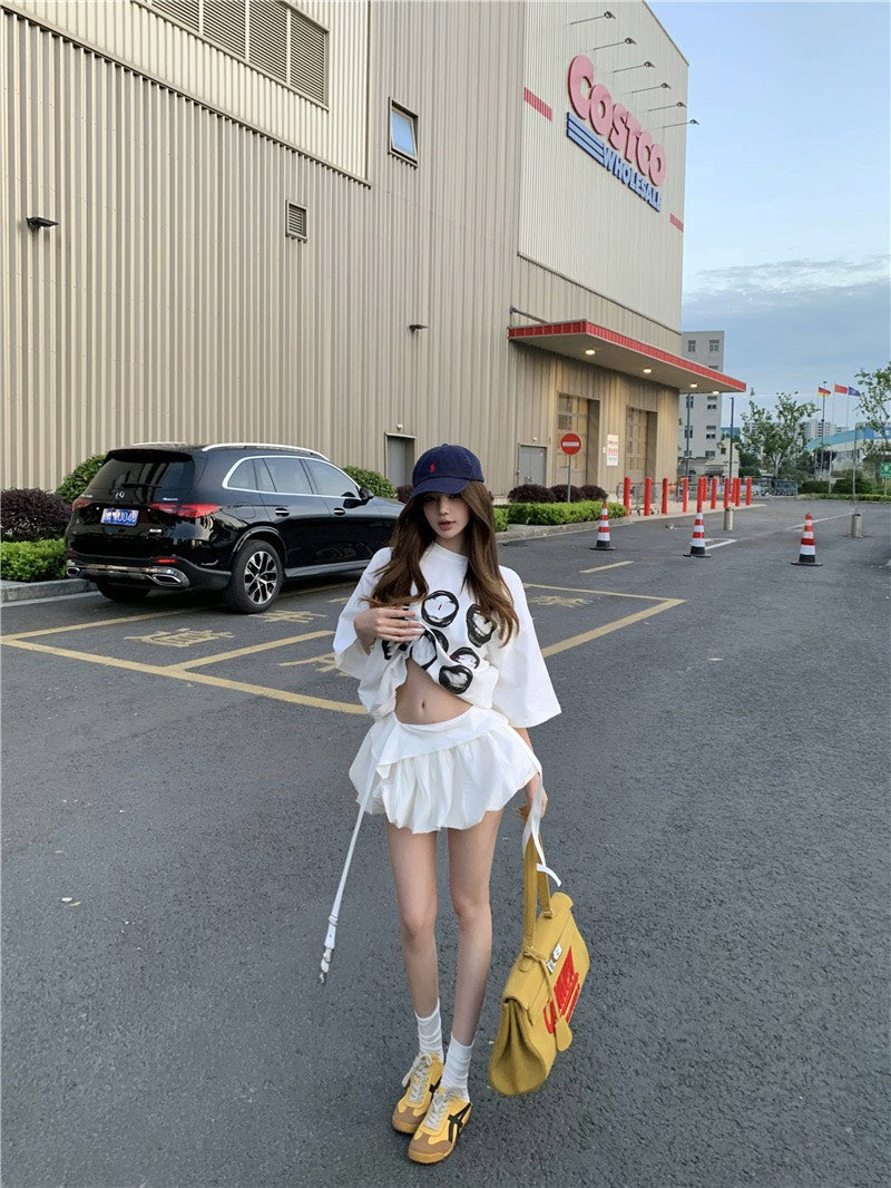 Jun. 初階芭蕾花苞蓬蓬半身裙 美式印花寬鬆上衣