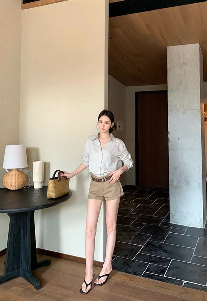 25Aug. LUP休閒王牌亞麻襯衫 翻摺休閒短褲 卡其色系
