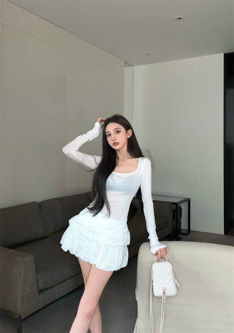 Jun. 奶椰泡泡 薄款芭蕾風打底上衣 花苞半身裙 白