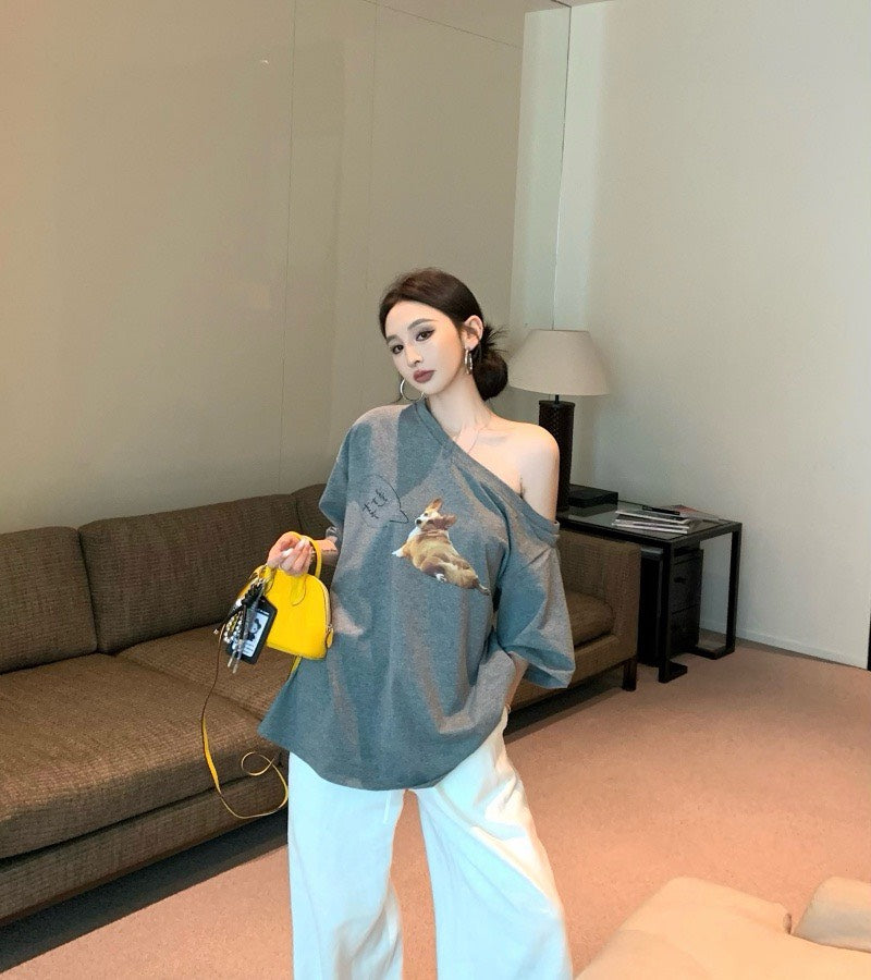 Jun. 哈嚕柯基修勾慵懶斜肩寬鬆上衣 灰