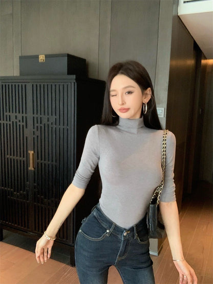 Jun. 穿不膩簡約高領五分袖彈力上衣 灰/卡 顯瘦喇叭褲