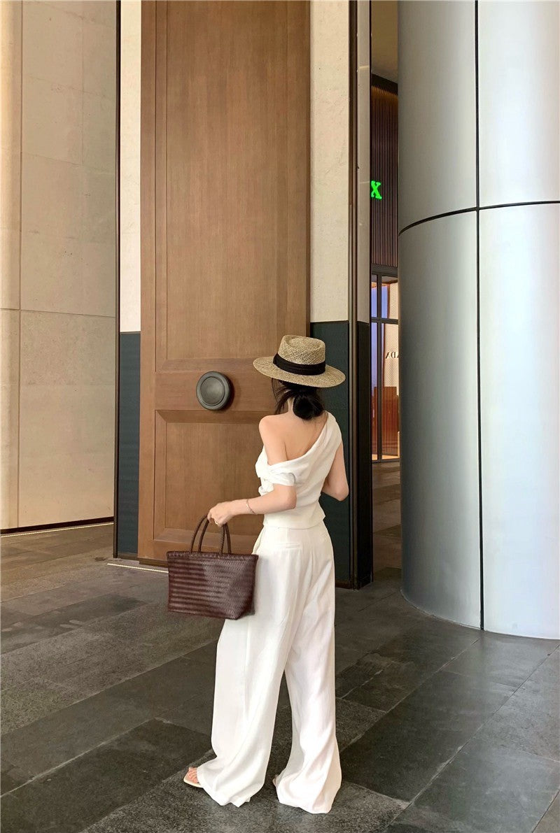 25Jul. 渡假老錢 新款清甜系斜肩褶皺上衣長褲套裝