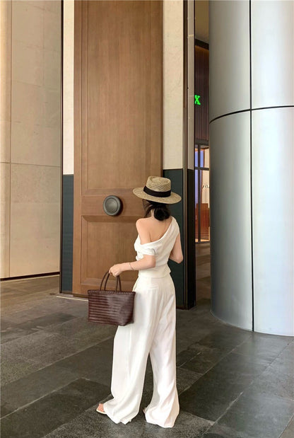 25Jul. 渡假老錢 新款清甜系斜肩褶皺上衣長褲套裝