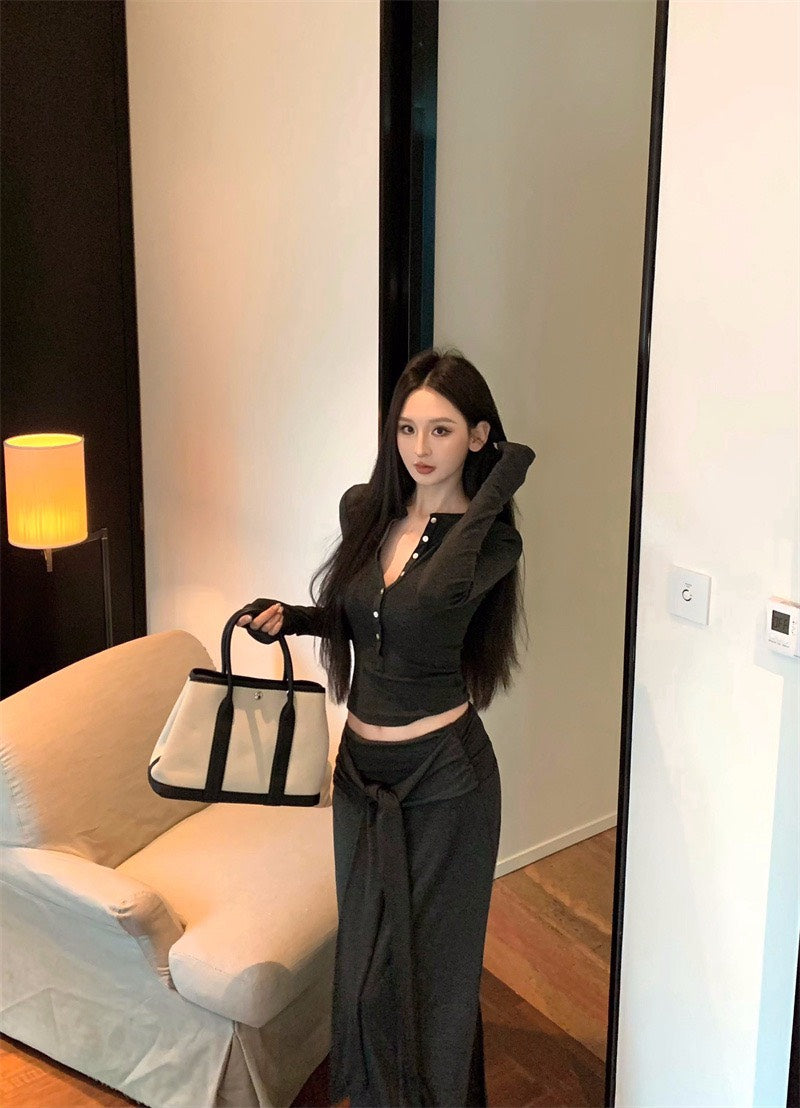 25Nov. 基礎休閒排扣上衣綁帶垂墜半身裙套裝 藍/深灰