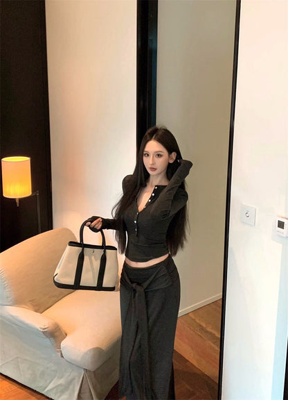 25Nov. 基礎休閒排扣上衣綁帶垂墜半身裙套裝 藍/深灰