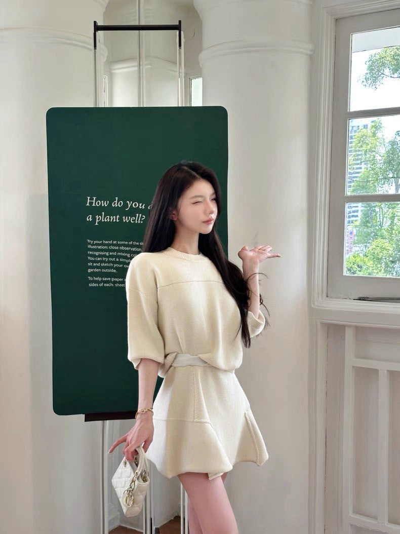 25Aug. 日常美美通勤長袖針織半身裙套裝 米/黑